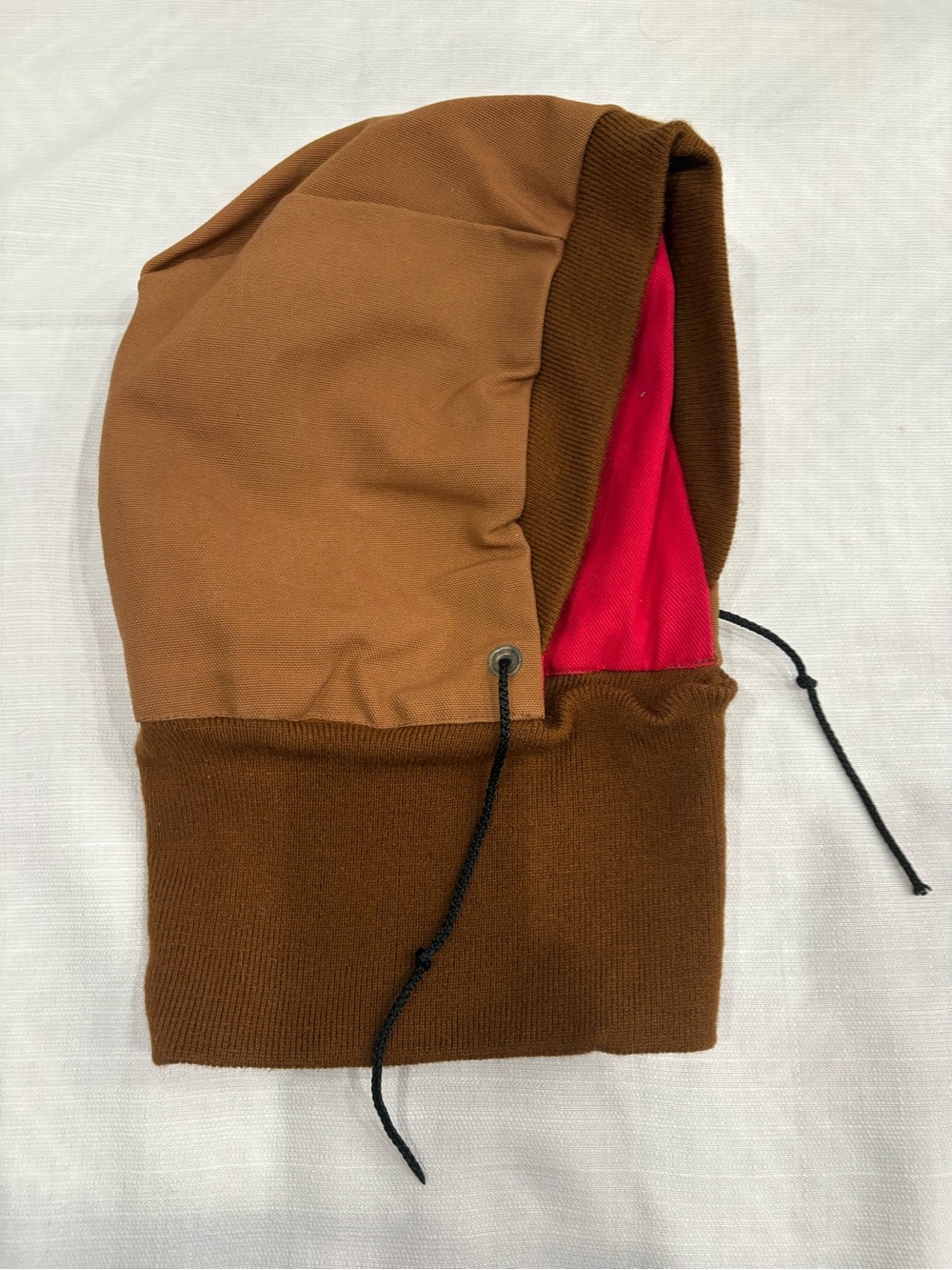 VTG Brassada Hood Hat‎ Balaclava Brown Canvas Red Liner Winter USA Made Workwear